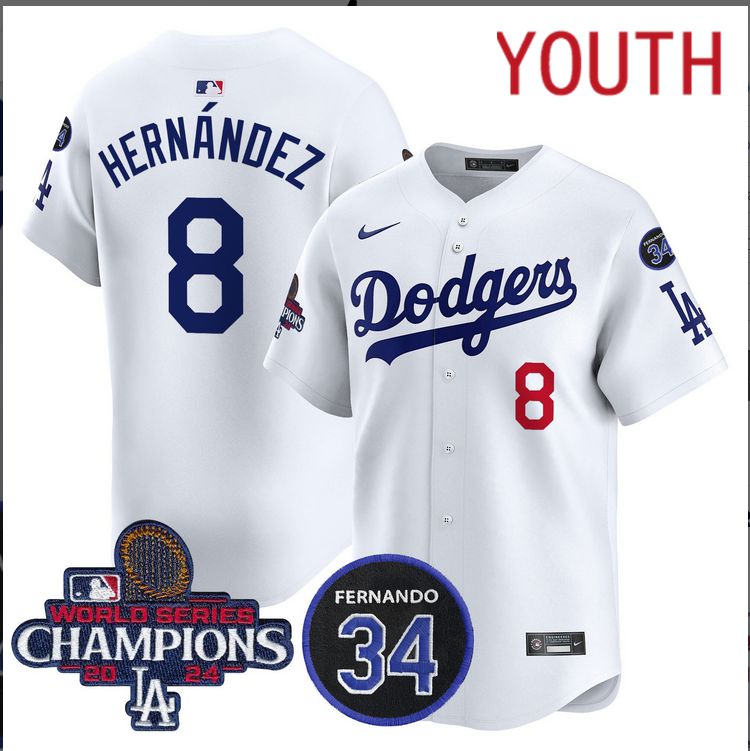 Youth  MLB Los Angeles Dodgers #8 Hernandez white 2024 World Series Champions Patch Limited Jersey style 2